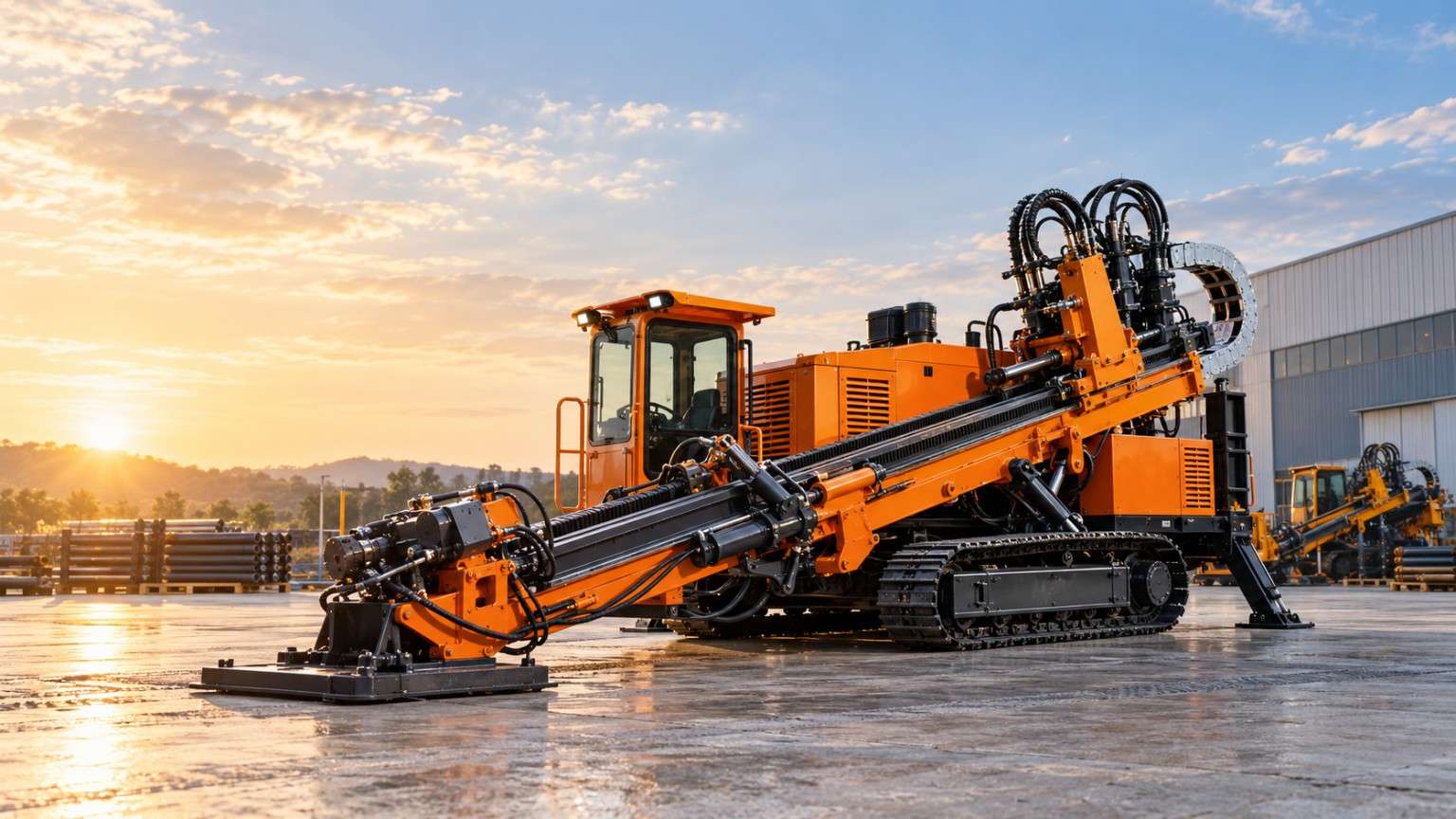 Foreuse horizontale orange sur un chantier au coucher du soleil