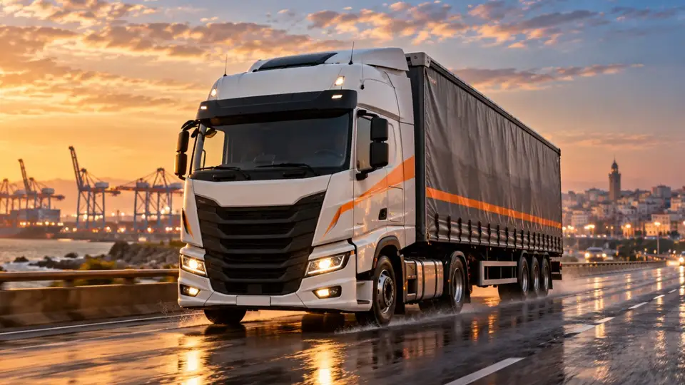 Camion de transport de marchandises près du port au coucher du soleil